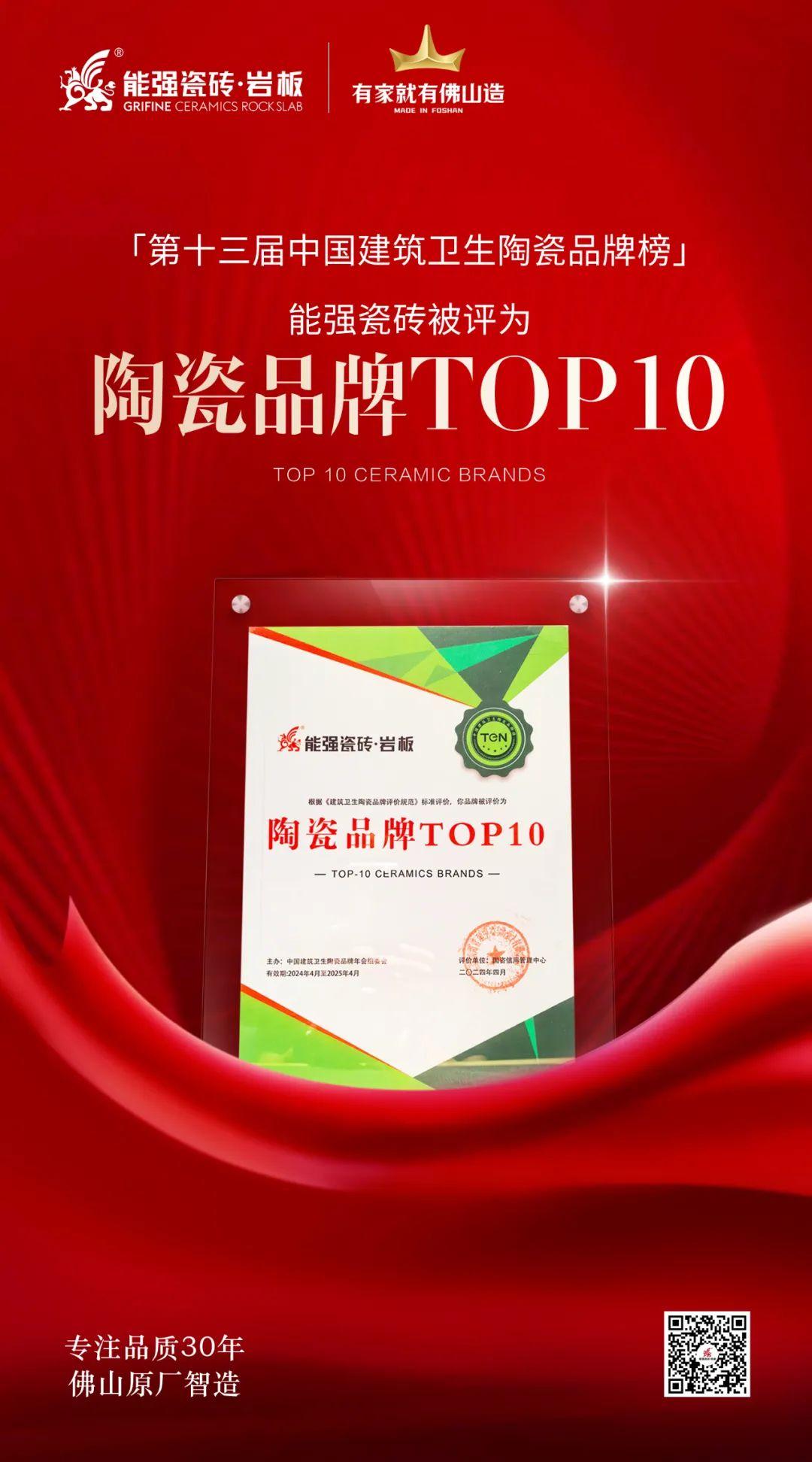 匠心榮耀丨能強(qiáng)瓷磚斬獲“陶瓷品牌TOP10”殊榮！